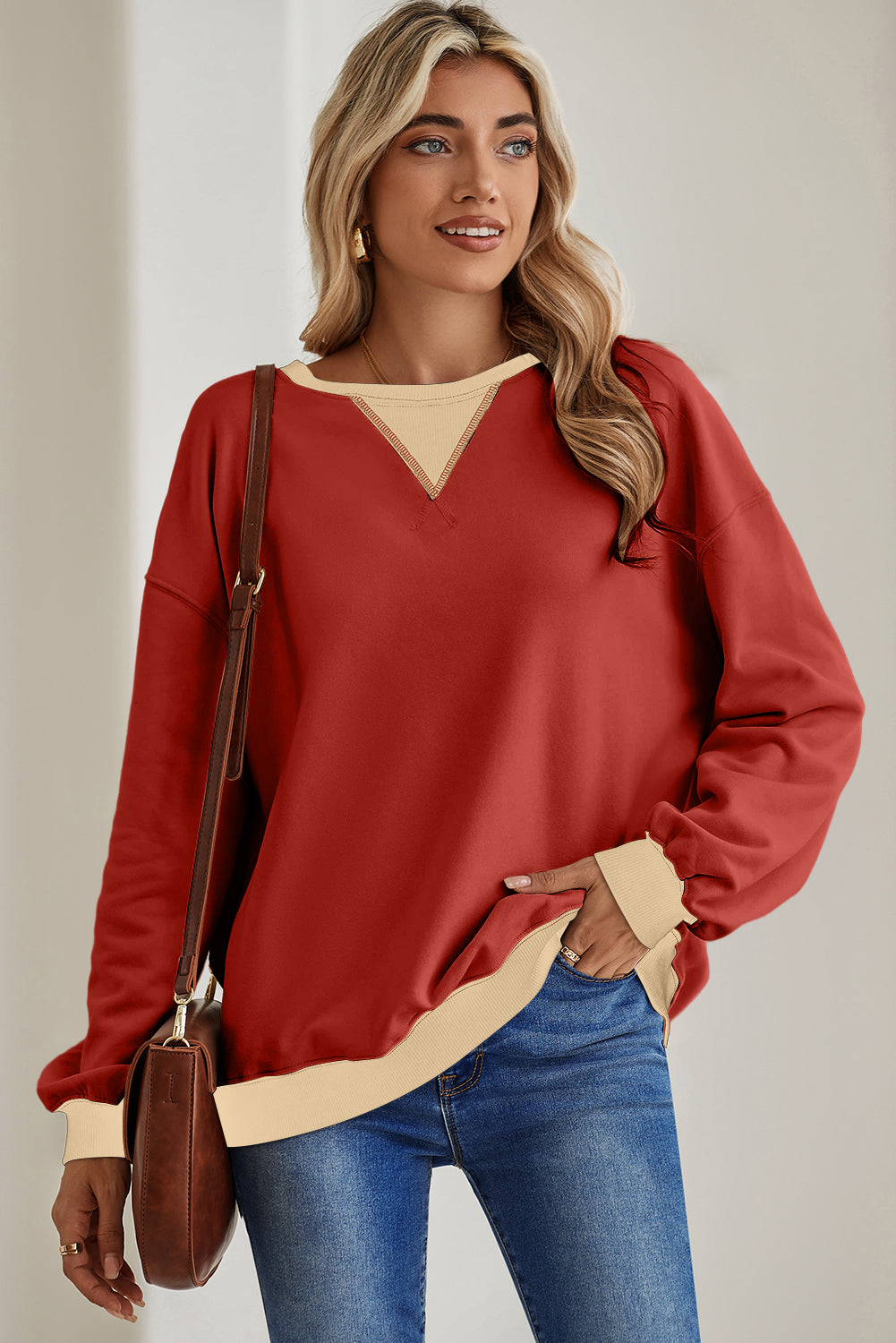 White Color Block Drop Shoulder Crewneck Oversized Sweatshirt