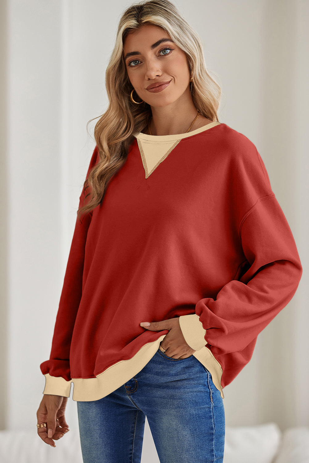 White Color Block Drop Shoulder Crewneck Oversized Sweatshirt