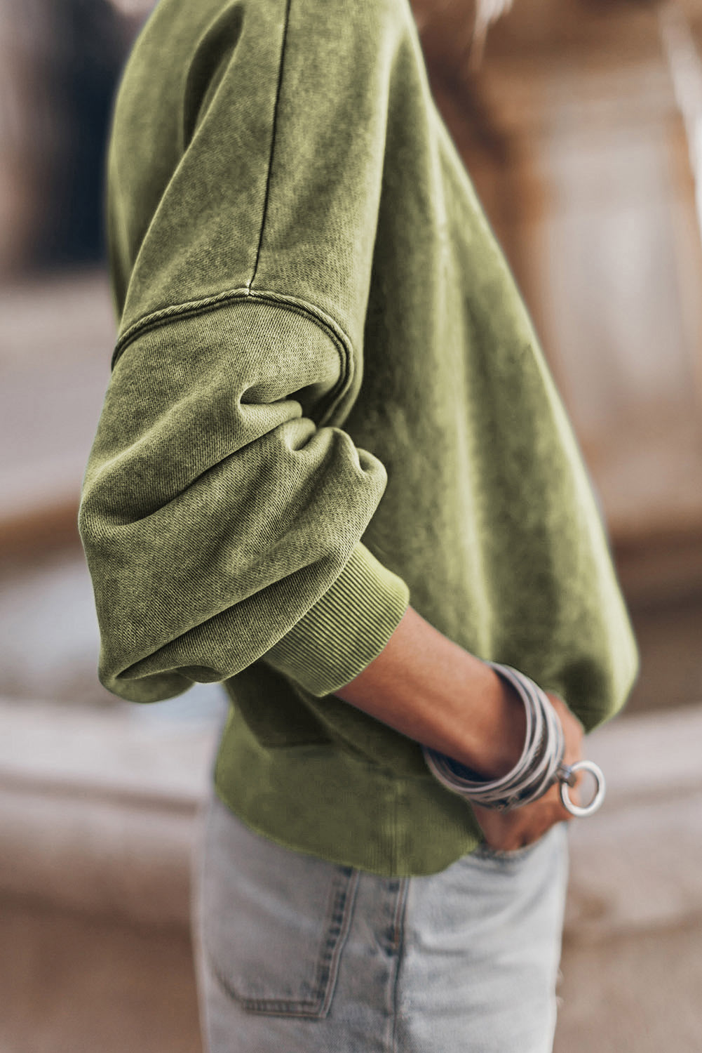 Green Light Plain Washed Drop Shoulder Pullover Sweatshirt