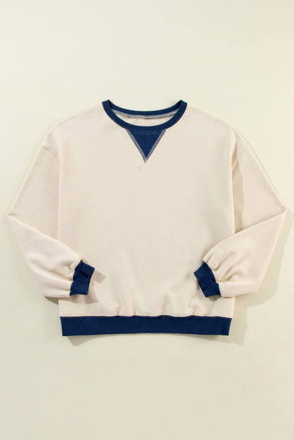 White Color Block Drop Shoulder Crewneck Oversized Sweatshirt