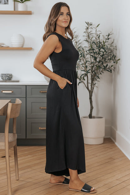 Black Solid Color Open Back Sleeveless Wide Leg Jumpsuit