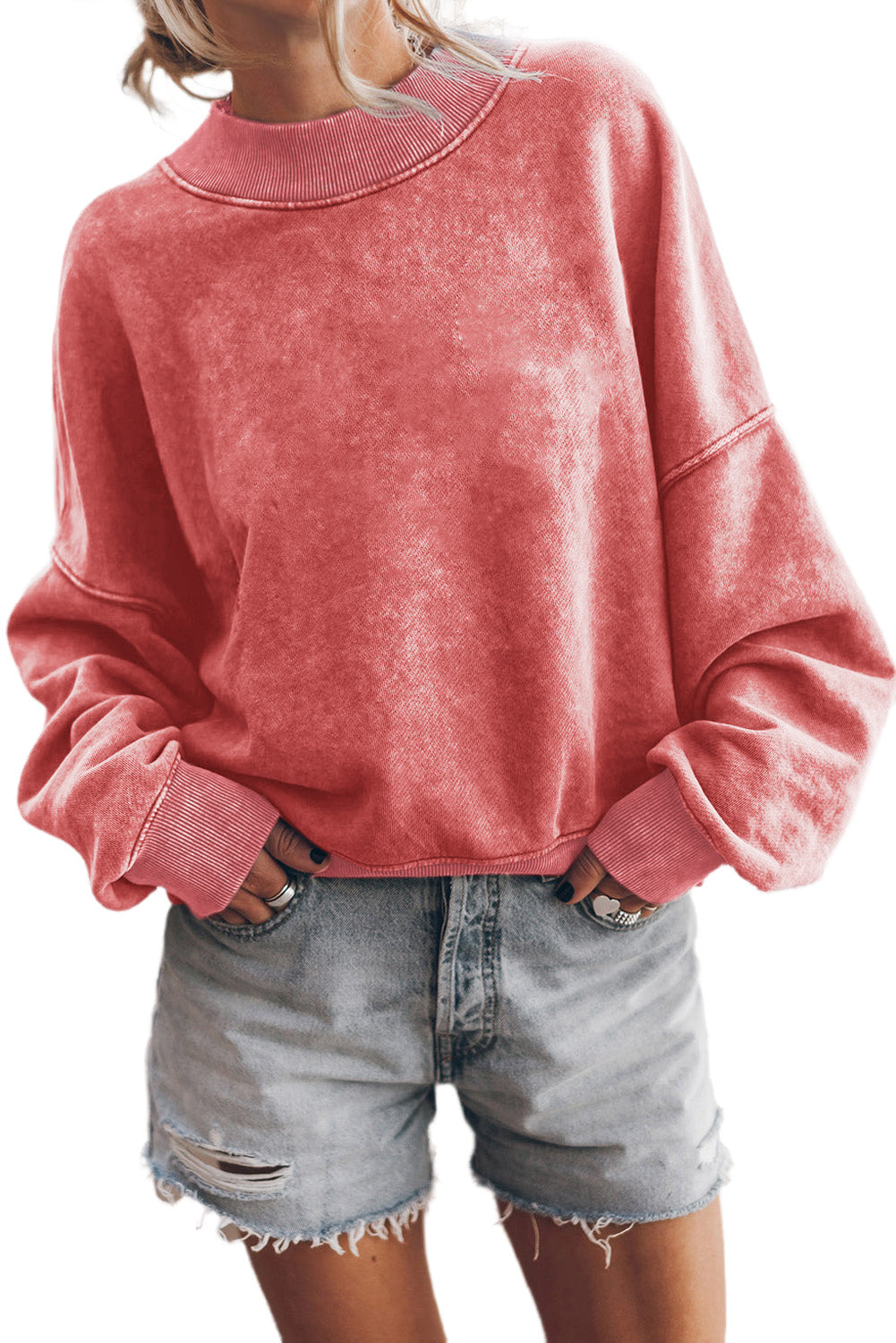 Green Light Plain Washed Drop Shoulder Pullover Sweatshirt