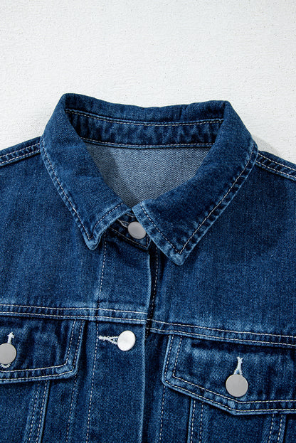 Beau Blue Ruffle Raw Hem Flap Pockets Denim Jacket