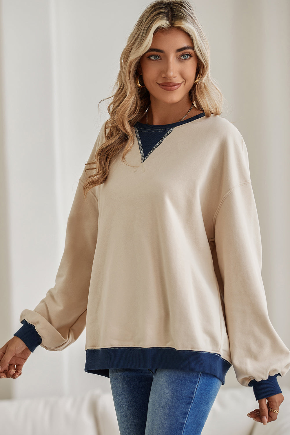 White Color Block Drop Shoulder Crewneck Oversized Sweatshirt