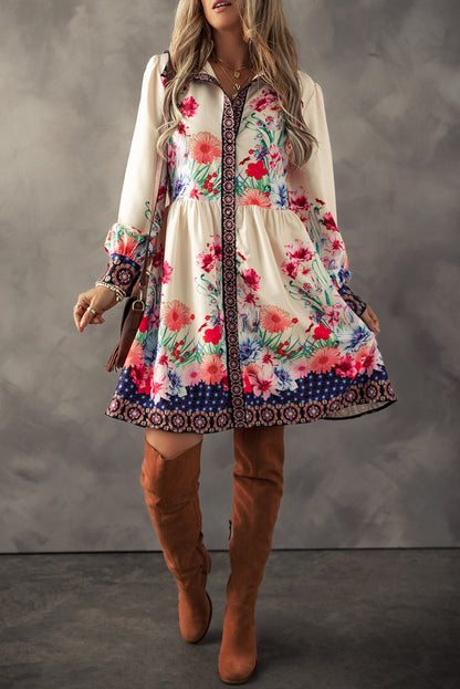 Apricot Floral Print Buttoned High Waist Mini Dress