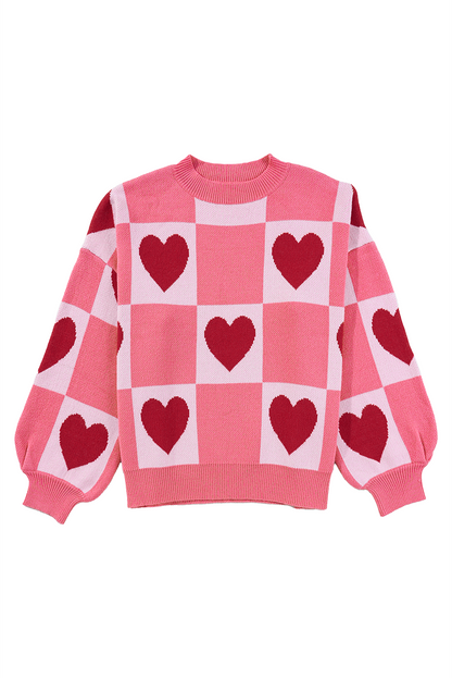 Pink Plus Size Heart Checkered Colorblock Lantern Sleeve Sweater