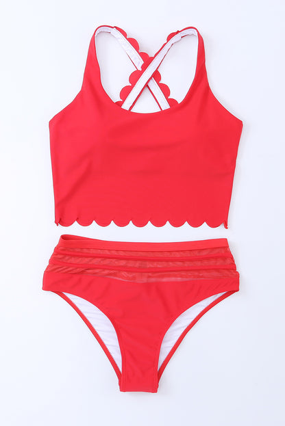 Rose Scalloped Sleeveless High Waisted Two Piece Swimsuit