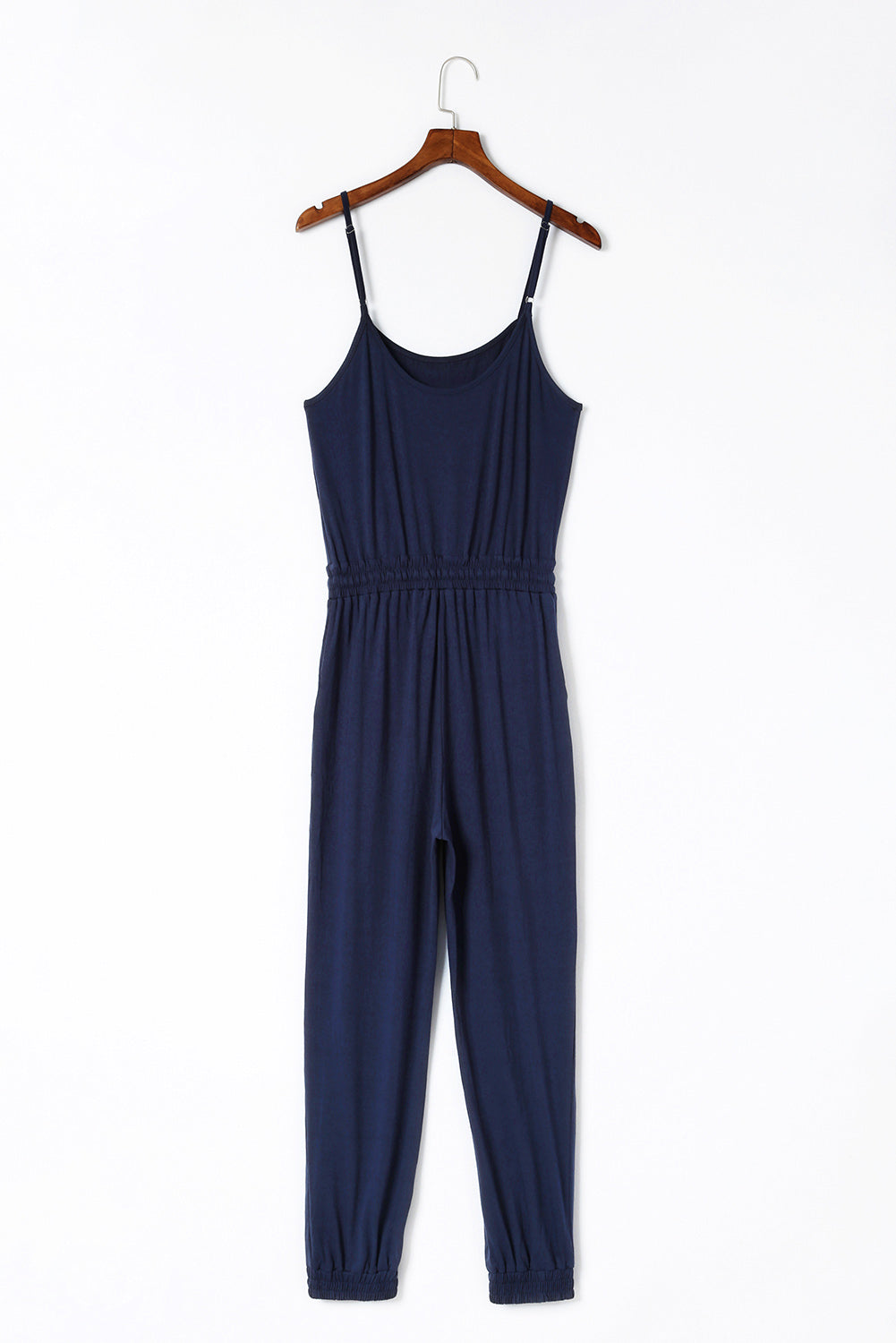 Dark Blue Pockets Drawstring Waist Spaghetti Strap Jumpsuit