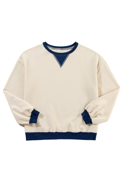 White Color Block Drop Shoulder Crewneck Oversized Sweatshirt