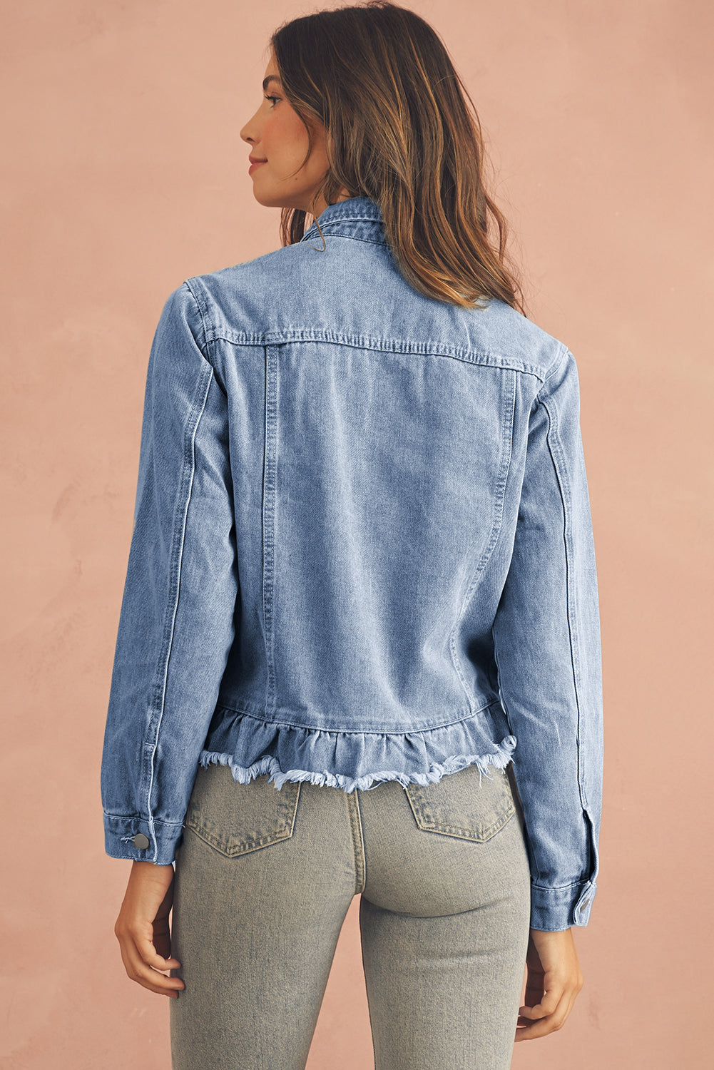 Beau Blue Ruffle Raw Hem Flap Pockets Denim Jacket