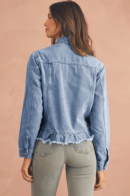 Beau Blue Ruffle Raw Hem Flap Pockets Denim Jacket