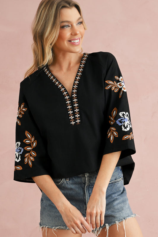 Embroidered Sleeve Bohemian V Neck Blouse