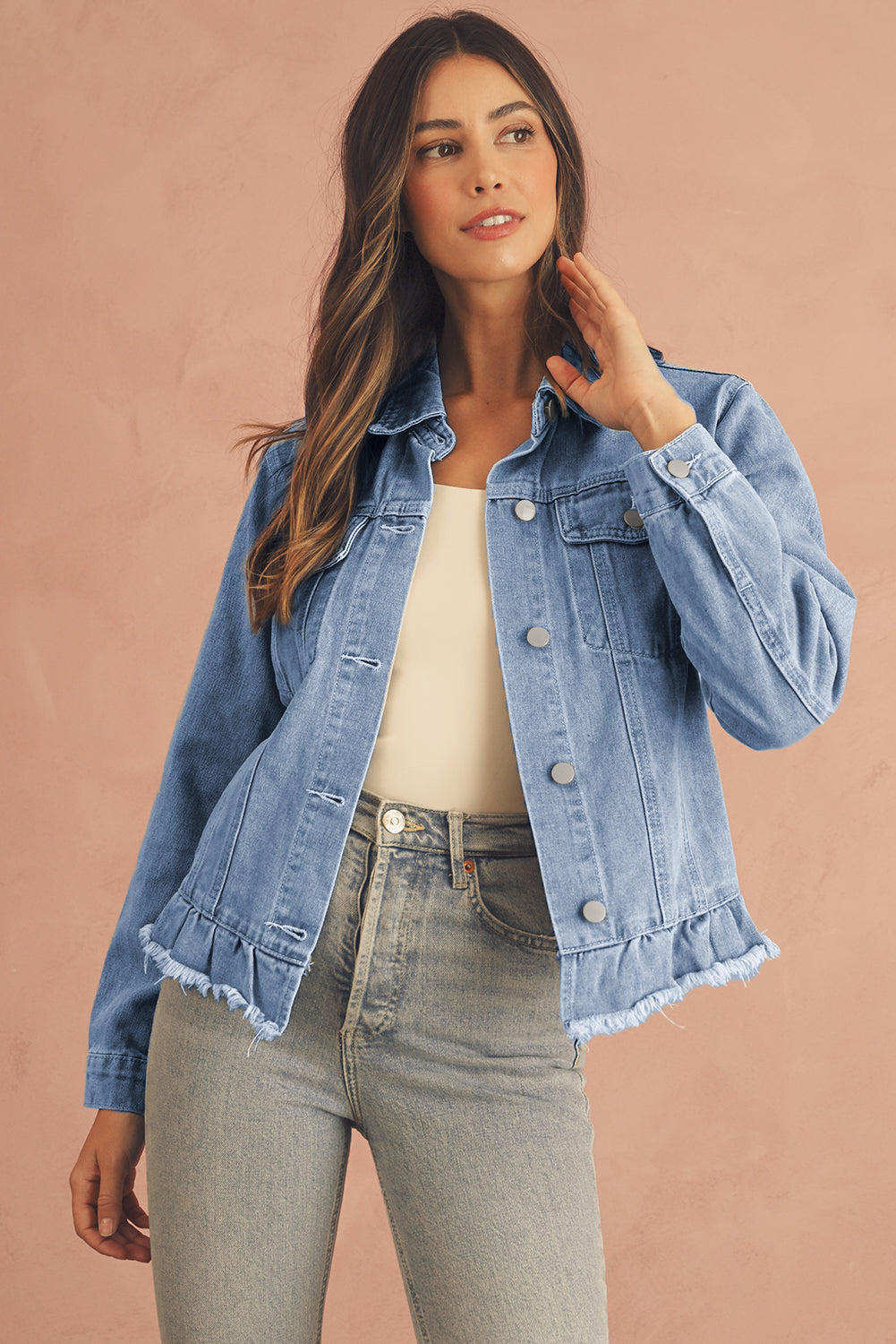 Beau Blue Ruffle Raw Hem Flap Pockets Denim Jacket