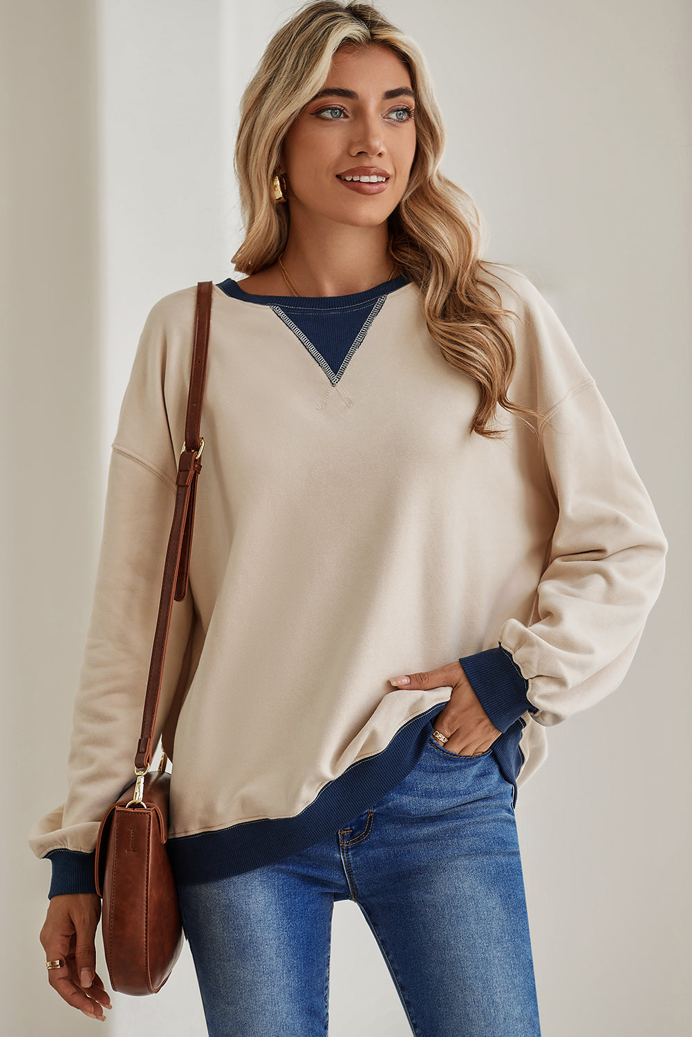 White Color Block Drop Shoulder Crewneck Oversized Sweatshirt