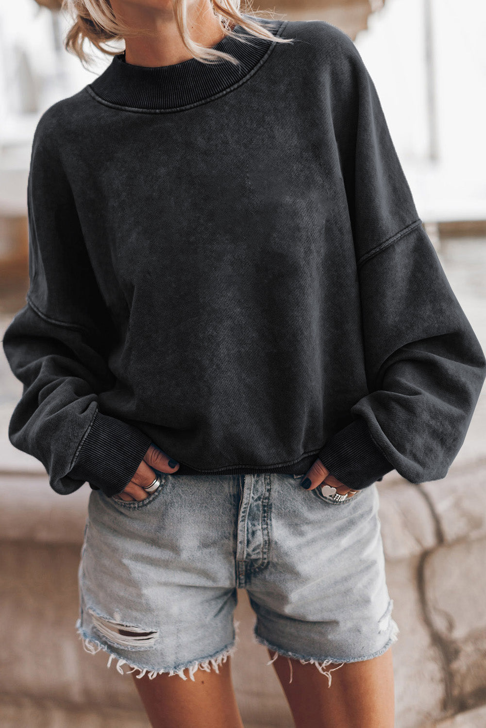 Green Light Plain Washed Drop Shoulder Pullover Sweatshirt