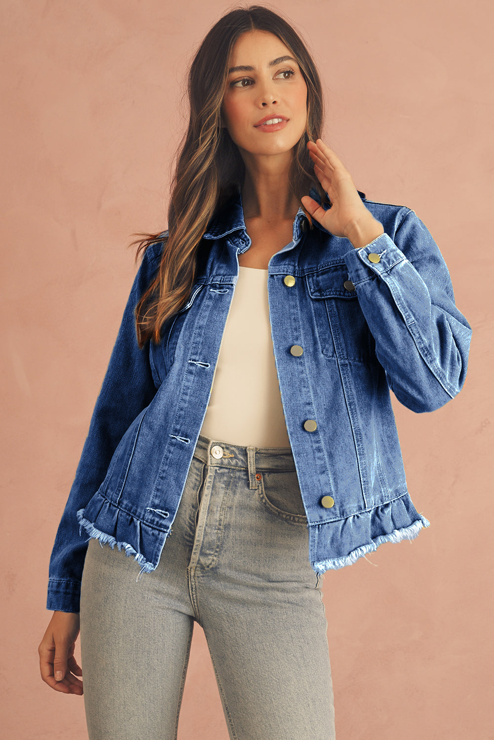 Beau Blue Ruffle Raw Hem Flap Pockets Denim Jacket