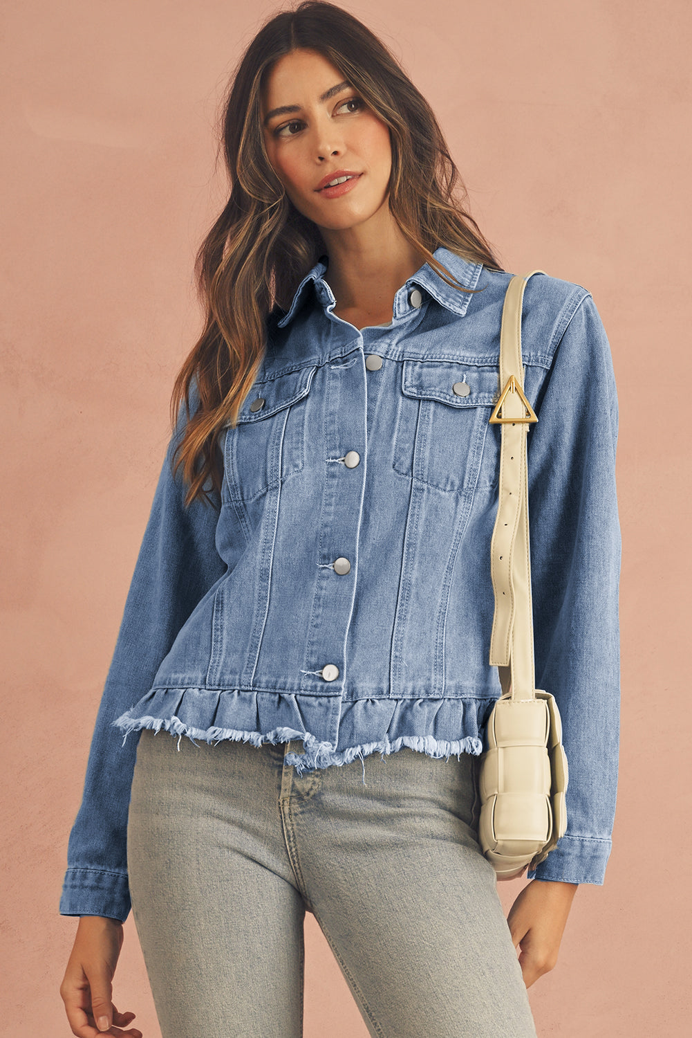 Beau Blue Ruffle Raw Hem Flap Pockets Denim Jacket