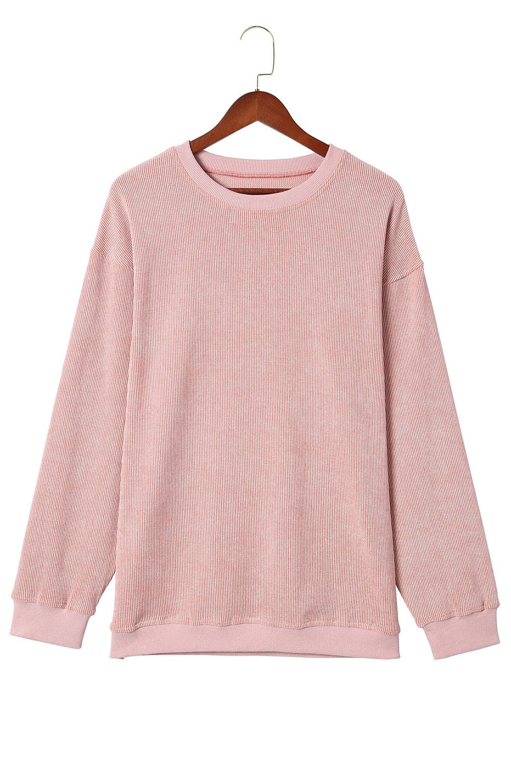 Pink Solid Ribbed Round Neck Pullover Sweatshirt, 6 colors to choose from, sizes up to 3XL