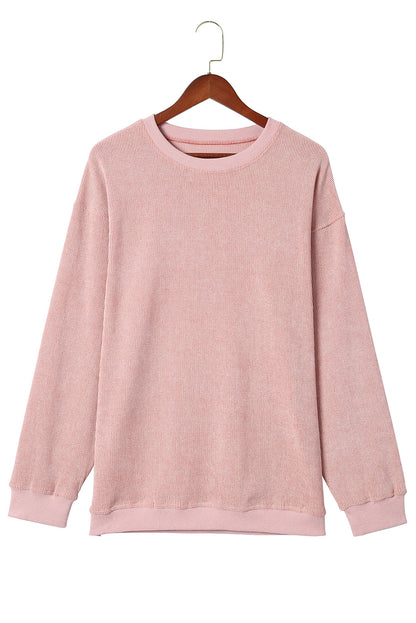 Pink Solid Ribbed Round Neck Pullover Sweatshirt, 6 colors to choose from, sizes up to 3XL