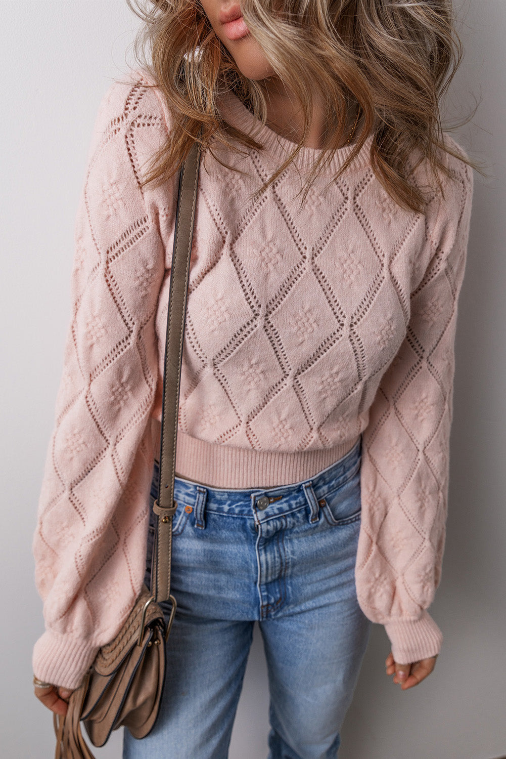 Pink Openwork Plaid Puff Sleeve Cropped Sweater