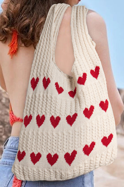 Heart Pattern Knit Shoulder Bag