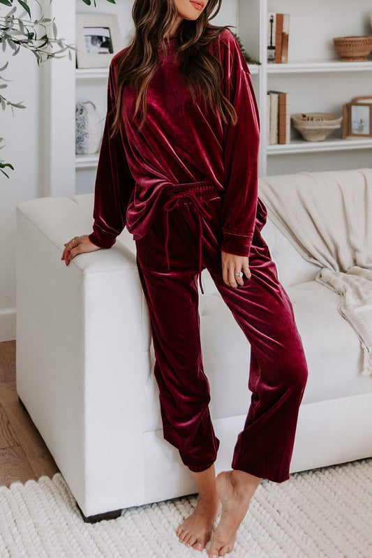 Red Solid Velvet Round Neck Top & Drawstring Pants Lounge Set