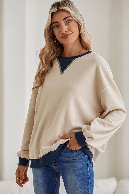 White Color Block Drop Shoulder Crewneck Oversized Sweatshirt