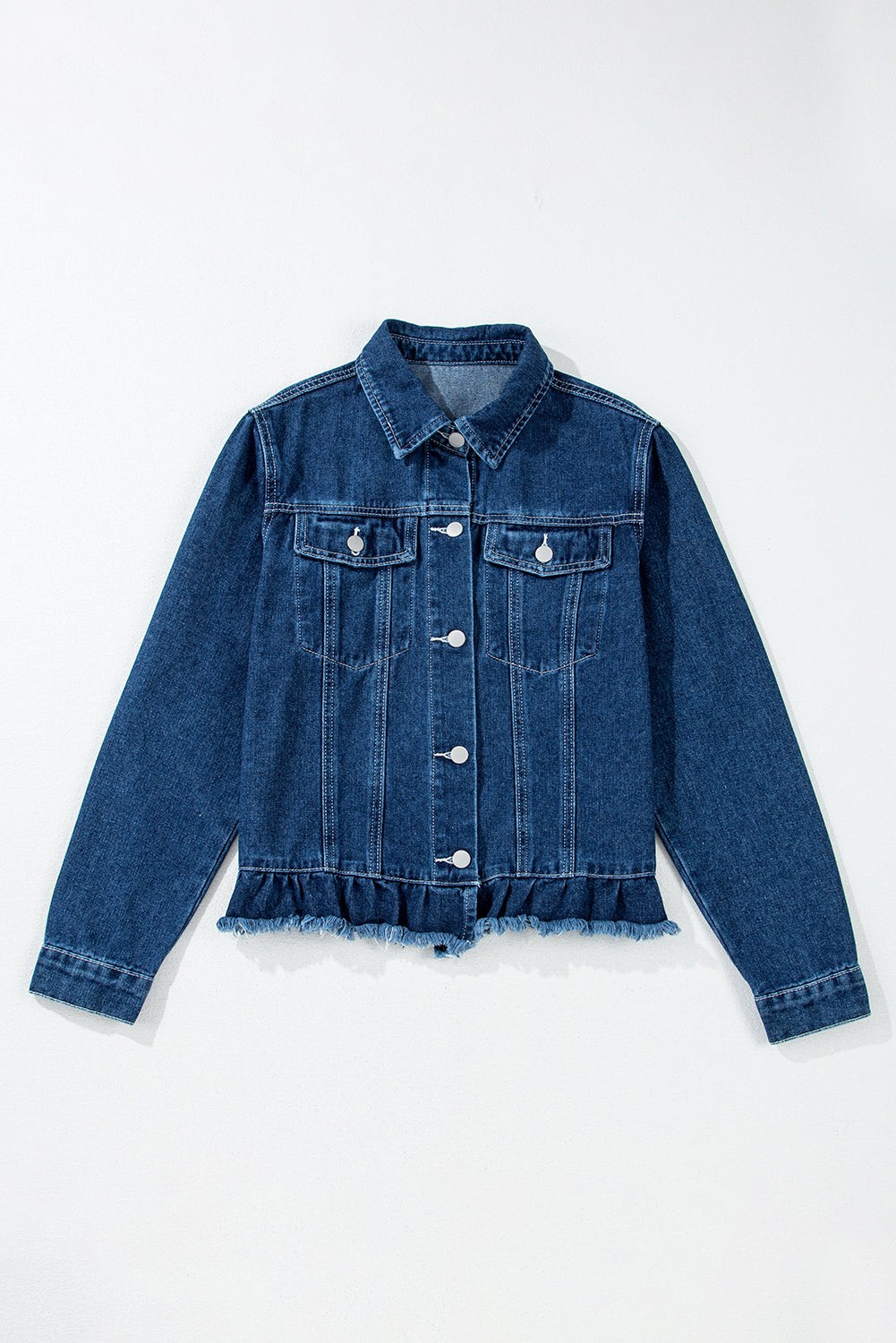 Beau Blue Ruffle Raw Hem Flap Pockets Denim Jacket