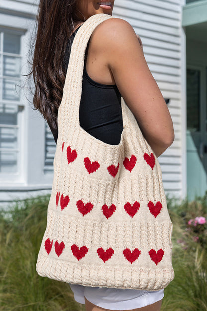 Heart Pattern Knit Shoulder Bag