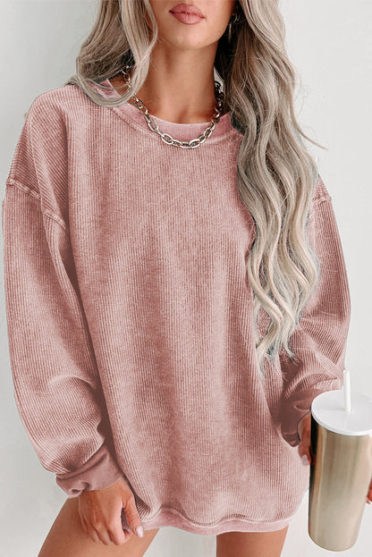 Pink Solid Ribbed Round Neck Pullover Sweatshirt, 6 colors to choose from, sizes up to 3XL