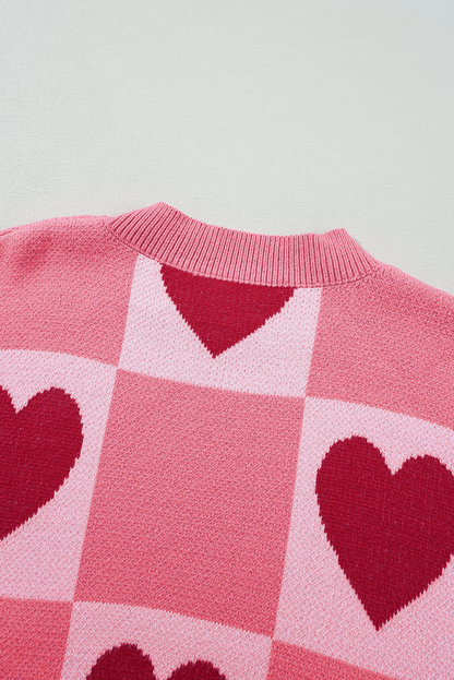 Pink Plus Size Heart Checkered Colorblock Lantern Sleeve Sweater