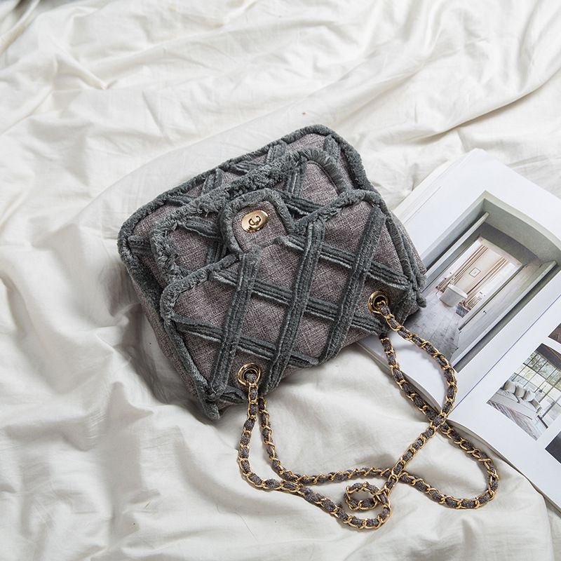 Canvas Square Bags with Lattice Detailing, Buckle and Vintage Metal Chain