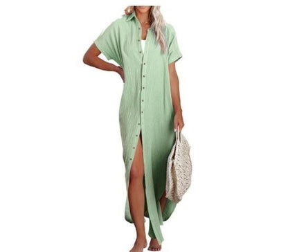 Button-down Short Sleeved Long Shirt Dress