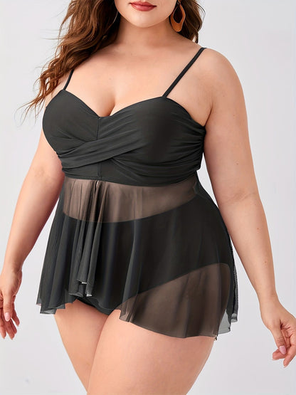 Plus Size High Stretch Semi Sheer Swimsuit Set, XL-4XL