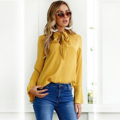 Chiffon Casual Blouse with a Bow Long Sleeves and Solid Color