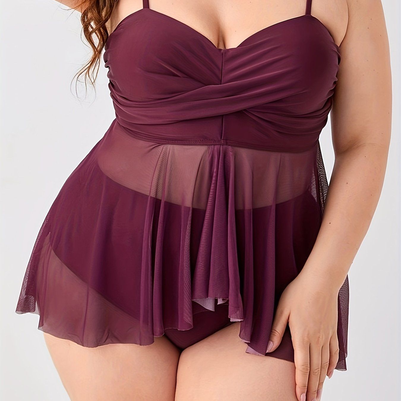 Plus Size High Stretch Semi Sheer Swimsuit Set, XL-4XL