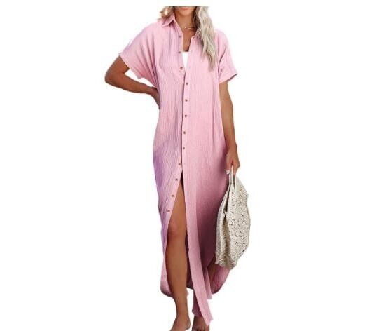 Button-down Short Sleeved Long Shirt Dress