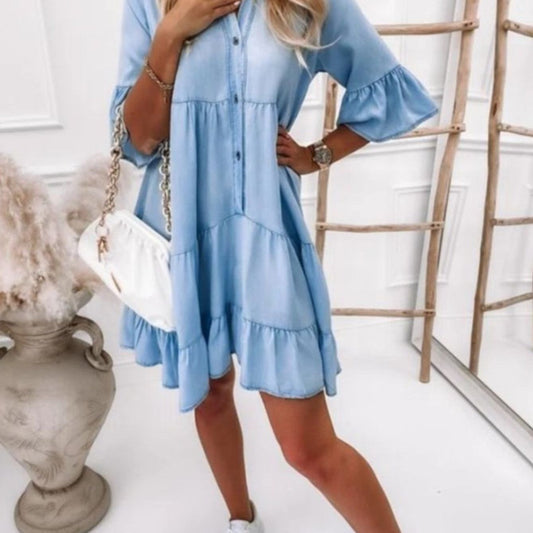 A-Line Midi Denim Dress with a Ruffled Hem (sizes S-XXL)