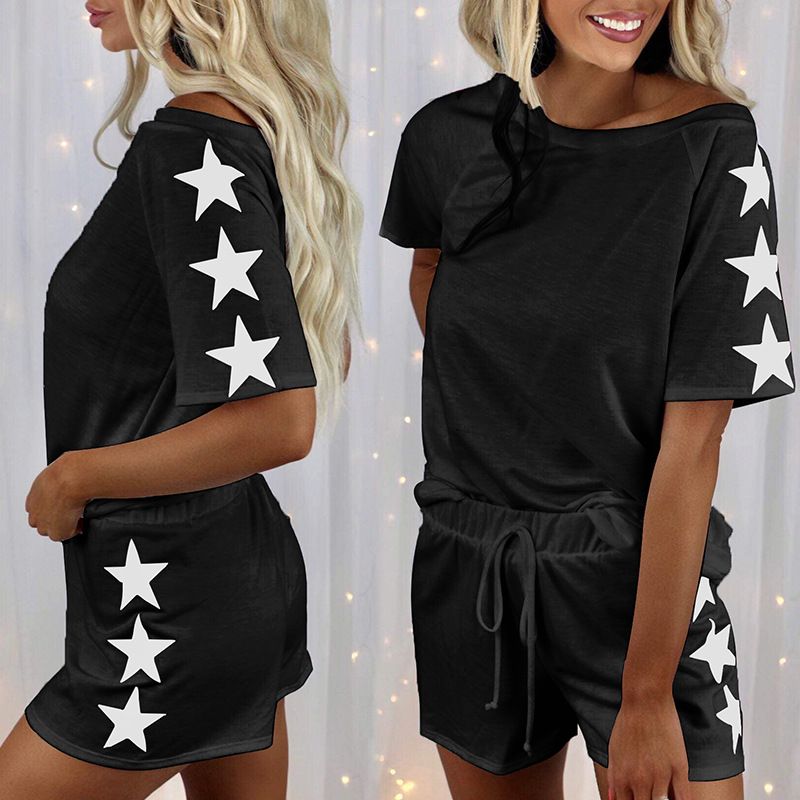 Five-star Printing Short-sleeved Round Neck Fashion Casual Pajamas Women