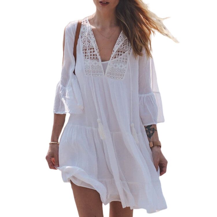 Cotton Lace Up Ruffled Beach Cover Up Dress Shirt