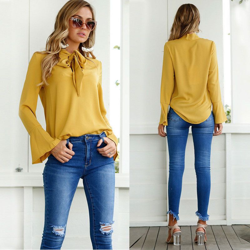 Chiffon Casual Blouse with a Bow Long Sleeves and Solid Color