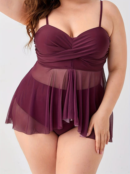 Plus Size High Stretch Semi Sheer Swimsuit Set, XL-4XL