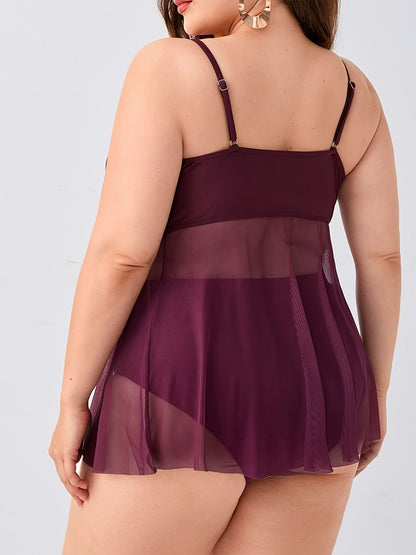 Plus Size High Stretch Semi Sheer Swimsuit Set, XL-4XL