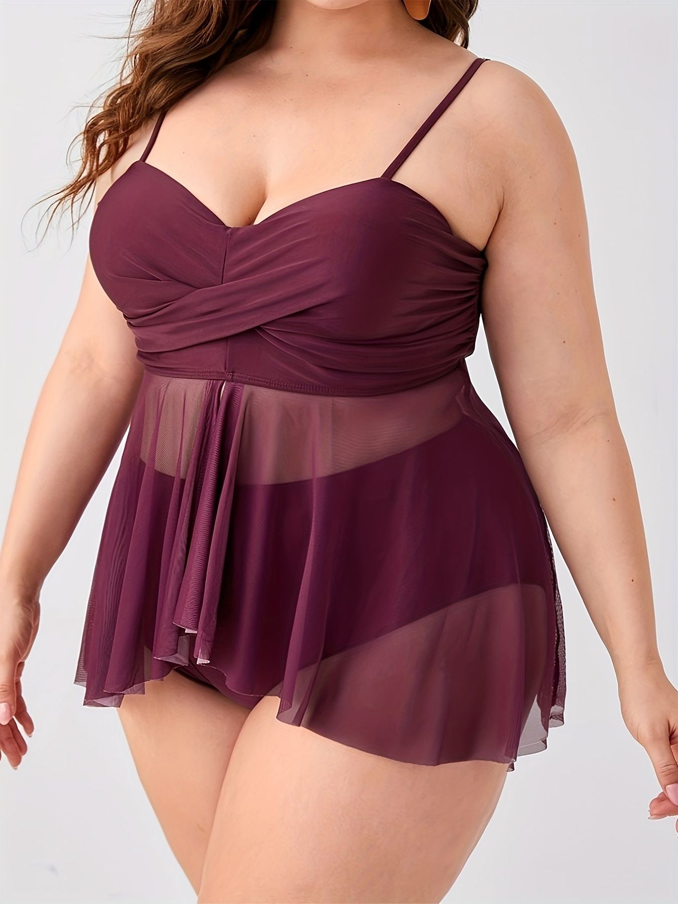 Plus Size High Stretch Semi Sheer Swimsuit Set, XL-4XL