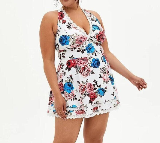 Floral Print Two Piece Swimsuit with Skirt, sizes 6-24