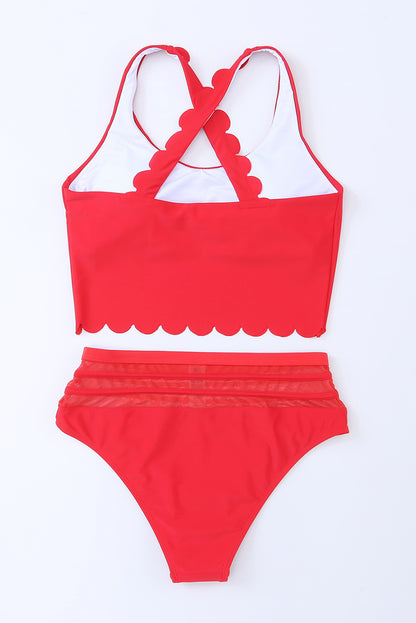 Rose Scalloped Sleeveless High Waisted Two Piece Swimsuit