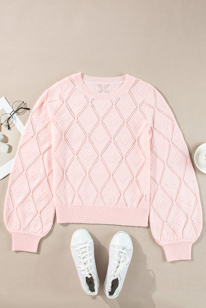 Pink Openwork Plaid Puff Sleeve Cropped Sweater