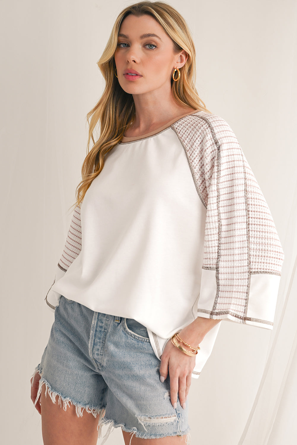 Striped Raglan Sleeve Top, black or taupe