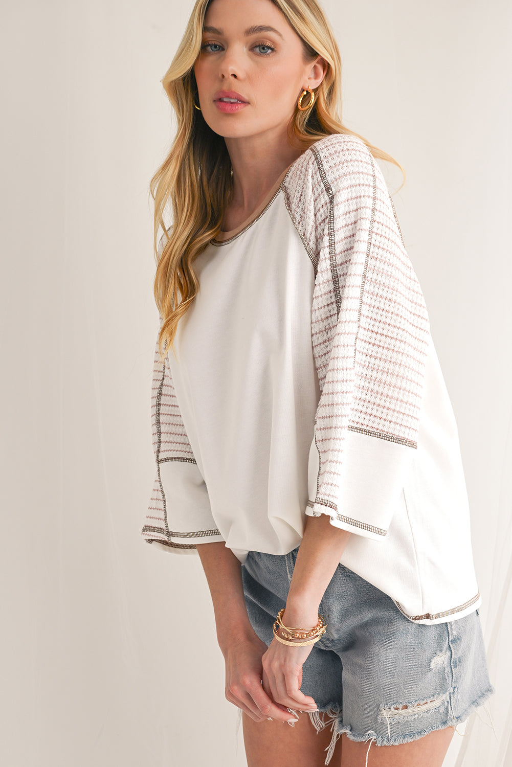 Striped Raglan Sleeve Top, black or taupe