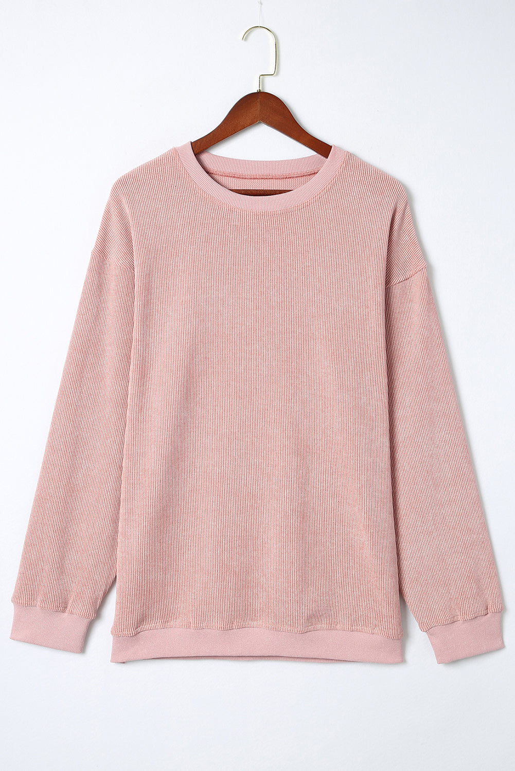 Pink Solid Ribbed Round Neck Pullover Sweatshirt, 6 colors to choose from, sizes up to 3XL